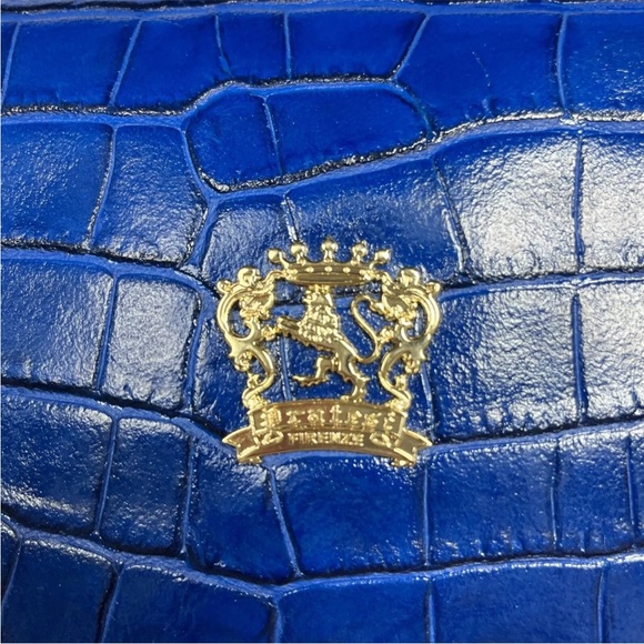 NWT Pratesi Blue Leather Chain-Link Wristlet Shoulder Bag Croc Embossed Party